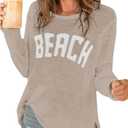 COZYEASE Women's Beach Cover Up Letter Print Long Sleeve Sweater Crew Neck Split Hem Crochet Jumper Top L