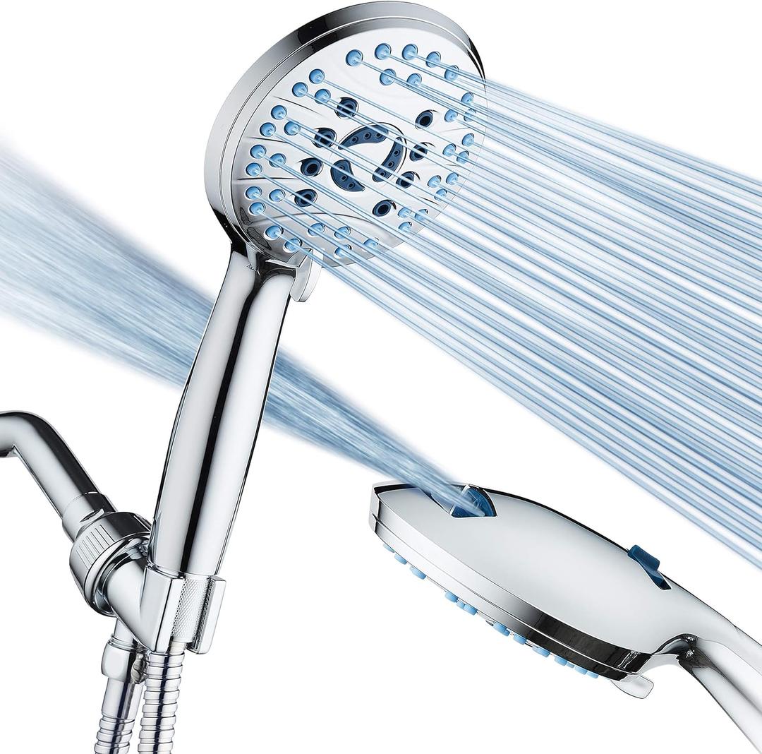 AquaCare High Pressure 8-mode Handheld Shower Head - Anti-clog Nozzles, Built-in Power Wash to Clean Tub, Tile & Pets, Extra Long 6 ft. Stainless Steel Hose, Wall & Overhead Brackets (Premium Chrome)