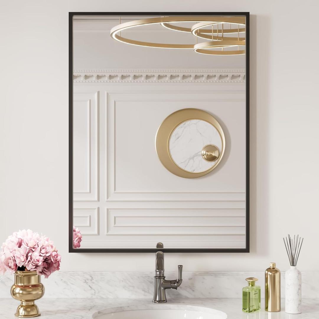 LOAAO 24"X32" Black Rectangle Bathroom Mirror Wall, Matte Black Aluminum Alloy Frame, Tempered Glass, Hangs Vertically or Horizontally, Easy to Install