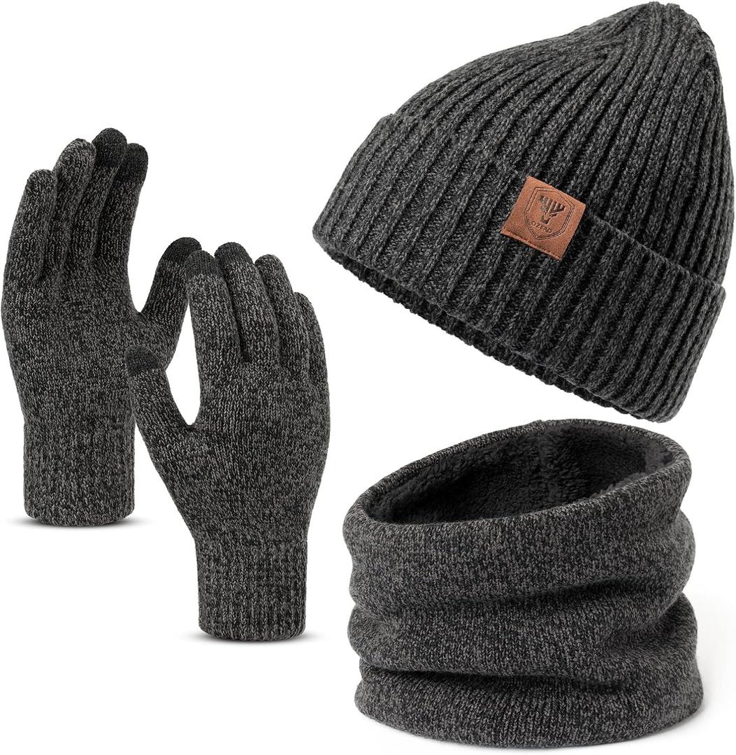 OZERO 3 Pcs Winter Hat Scarf Gloves Set for Women Men: Touchscreen Gloves Knit Beanie Neck Warmer Set Warm Polar Fleece Lined (Gray)