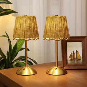 Pickmesh 2 Pack Rattan Table Lamp Woven Boho Table Lamp with Gold Tone Base Wicker Night Light Cordless LED Desk Lamps for Living Room Bedroom Wedding Decor, 2600mah Battery Operated