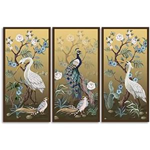 BELISIIS Folding screen in chinoiserie style with peacock and peonies on golden Wall Artwork Exclusive Photography Vintage Paintings Print on Canvas Home Decor Wall Art 3 Panels Framed Ready to Hang