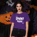 Halloween Shirts for Women Spooky Mama T-Shirt Funny Leopard Cobwebs Crewneck Tee (Purple, S)