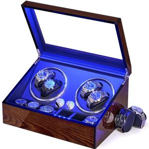BEWISHOME Watch Winders for Automatic Watches, Automatic Watch Winder Box Watch Spinner with LED Light, 4 Watch Winder with Quiet Running Motor and 6 Storage Case for Man/Woman's Watches, Brown SYQ01Y