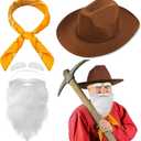 4 Pcs Halloween Prospector Costume Accessories Include Cowboy Costume Hat Paisley Bandana Fake Beard and Eyebrows for Adults Halloween Cosplay Party