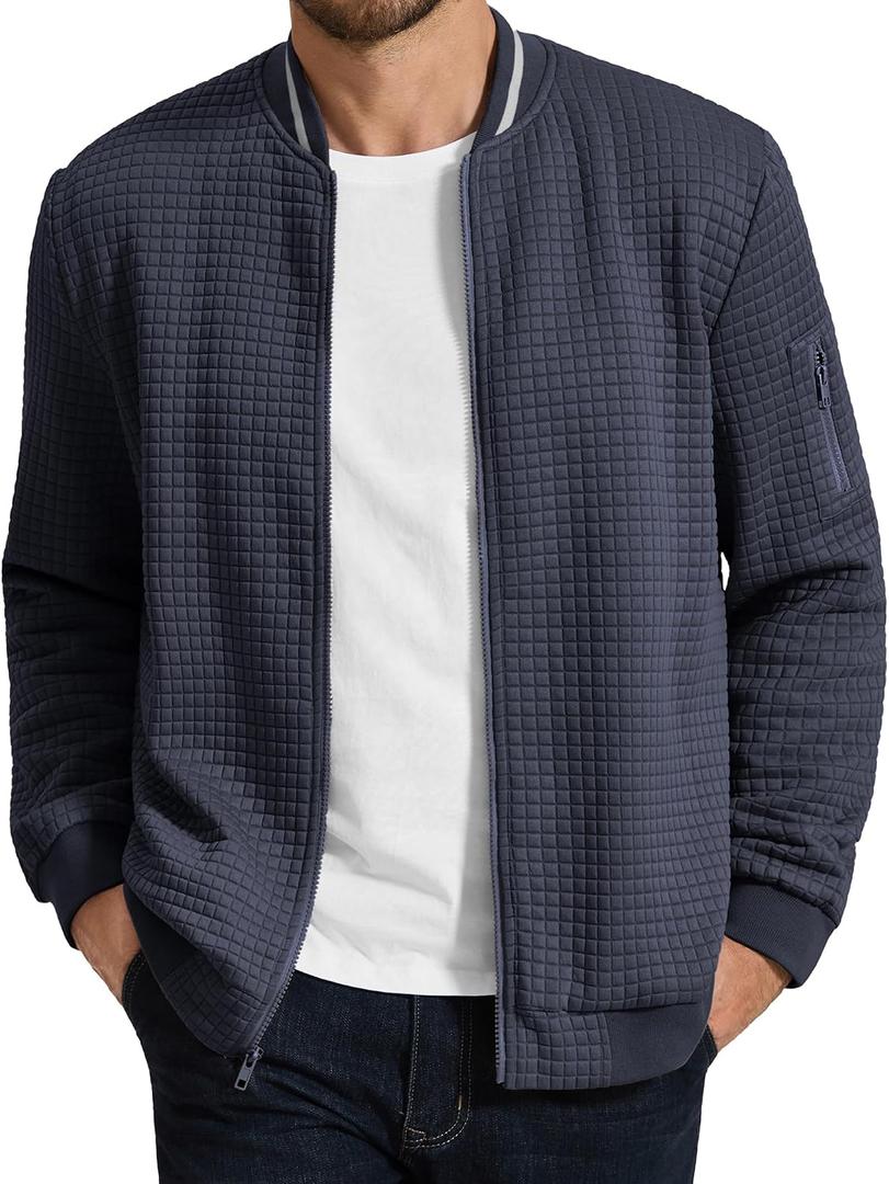 COOFANDY Mens Zip Up Sweater Jacket Waffle Sweatshirt Knit Bomber Lightweight Casual Jackets (Blue, S)