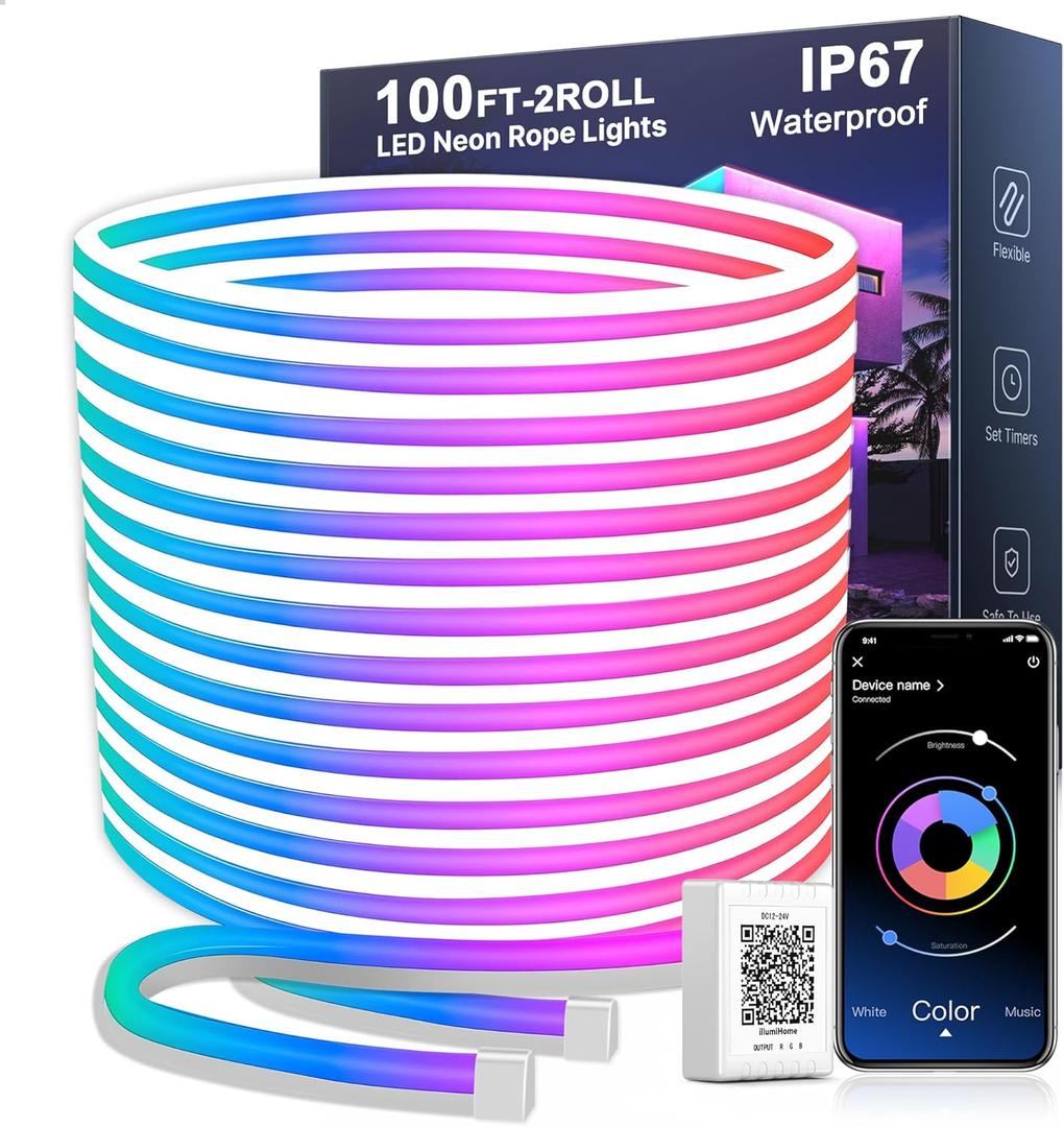 Nexillumi 100FT Neon LED Rope Lights IP67 Waterproof LED Lights for Bedroom Flexible LED Light Strip with Remote and APP Control RGB Lighting Strip for Indoors Outdoors Bedroom Room Home Decor