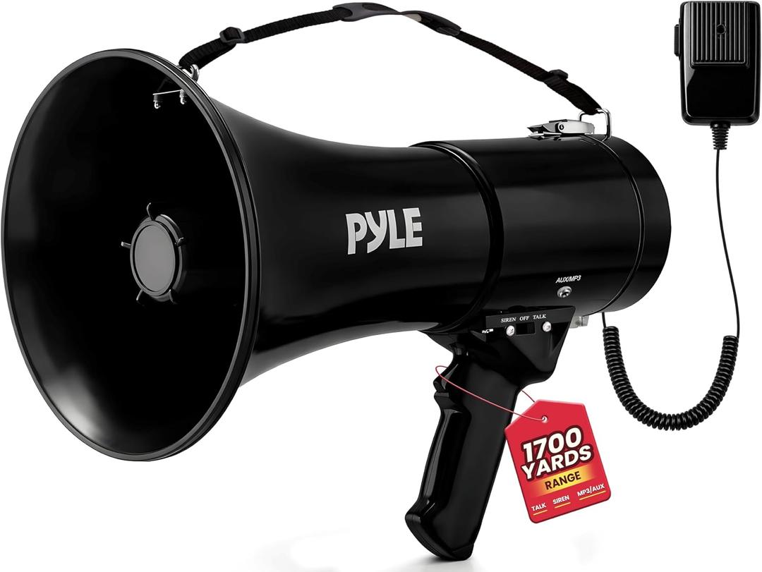 PYLE 50W Megaphone Speaker PA Bullhorn - Built-in Siren, Adjustable Volume Control, 35mm Aux Input, 1554 Meters Range, Perfect for Sports Events, Emergency Drills, and Outdoor Activities, Black