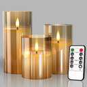 Tyawon Glass Battery Operated LED Flameless Candles with Remote and Timer, Real Wax Candles Warm Color Flickering Light for Festival Wedding Home Party Decor(Pack of 3)-Gold