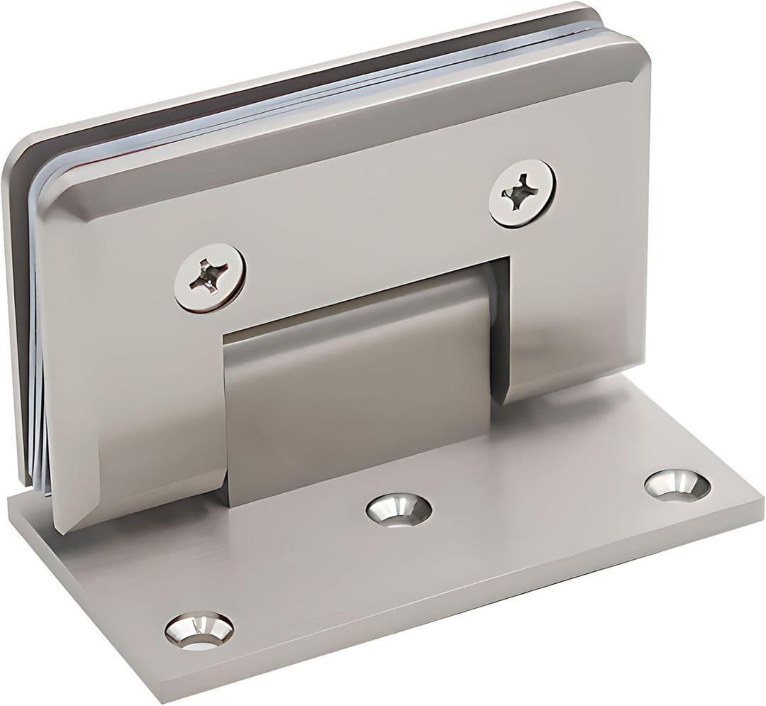 Menginvent Brass Shower Door Hinge, 90 Degree Offset Glass Door Hinges, Wall Mount for 5/16"-1/2"(8-12mm) Tempered Glass, Heavy Duty Hinge for Frameless Glass Installation, Brushed Nickel