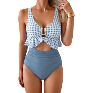B2prity Womens One Piece Swimsuit Tummy Control Ruffled Bathing Suit V Neck Cutout Swim Suit Tie Back Swimwear (Blue, XL)