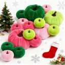 2 x 16 Pcs Christmas Velvet Pumpkins Decor Pink and Green Harvest Christmas Artificial Rustic Pumpkins Decoration Fabric Foam Fake for Holiday Gifts Farmhouse Xams Table Centerpiece