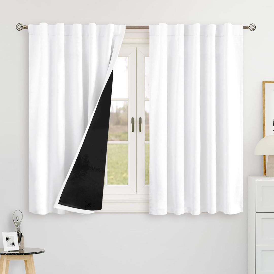 BGment Pure White 100% Blackout 48 Inch Curtains for Small Window, Rod Pocket and Back Tab Double Layer Black Out Thermal Insulated Room Darkening Curtain for Kitchen, 2 Panels, Each 42 x 48 Inch