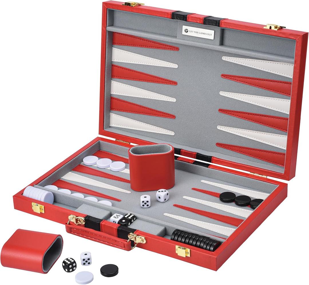 Get The Games Out Top Backgammon Set - Classic Board Game Case - Best Strategy & Tip Guide - Available in Small, Medium, and Large Sizes (Red, Large)