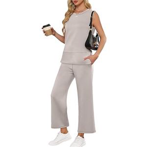 Womens 2 Piece Outfits Sweatsuits Set Casual Wide Leg Pants Lounge Sets Summer Beach Vacation Spring Travel Khaki, Large