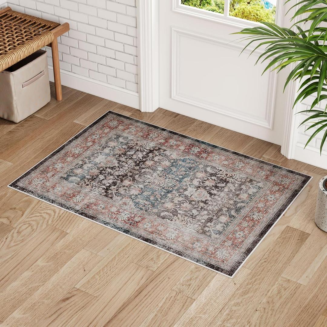 Dripex Vintage Washable Rug 2x3 Indoor Door Mat Non-Slip Bathroom Mat Distressed Low-Pile Small Rug for Front Entrance Kitchen Living Room Bedroom (Terracotta/Multi)
