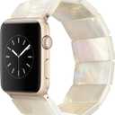Heesch Upgraded Stretchy Resin Watch Band Compatible with Apple Watch for Women, Men, Tortoise Shell Fashion Watch Strap Bracelet Wristband for iwatch Series Ultra 38/40/41/42mm(Series 10)-M: 6.3''-7.0'' Rectangle Version (Ivory White)