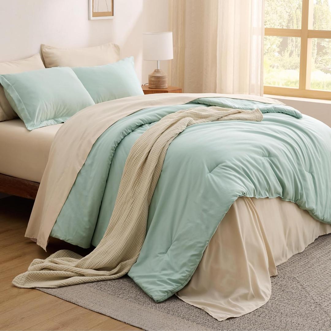 Bedsure Full Size Comforter Set - 7 Pieces Sage Green Full Bedding Set for All Seasons, Boho Contrasting Design Bed in a Bag with Comforter, Sheets, Pillowcases & Shams,  Sage Green/Beige