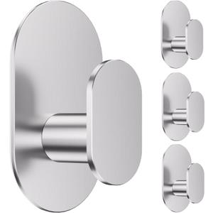 Aikzik Adhesive Towel Hooks - 4 Pack 26LB Heavy Duty Wall Sticky Waterproof Hooks for Hanging Coat, Towel, Robe, Wall Mount for Bathroom or Kitchen (Silver, Stainless Steel)
