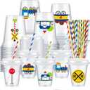 60 Set Train Theme Party Plastic Cups Bulk 14 oz Disposable Clear Cups with Lids and Paper Straws for Trains Party Birthday Supplies Favor Decorations (Multicolor)