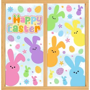 JarThenaAMCS 9 Sheets Happy Easter Window Clings Cute Cartoon Bunny Rabbit Egg Floral Window Decals Double-Sided Hip Hop Glass Stickers for Spring Home Office Classroom Shop Display Decor