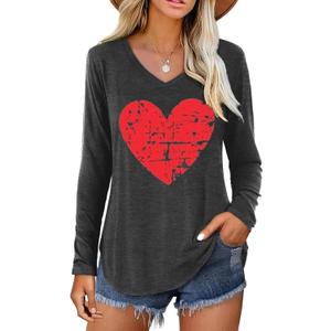 Valentine V Neck Shirt for Women Cute Love Heart Long Sleeve Casual Tee Tops (Large, 06agray)