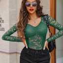 Avidlove Lace Long Sleeve Mesh Tops for Women V Neck Sheer Blouse Sexy See Through Undershirt (Green, XXL)