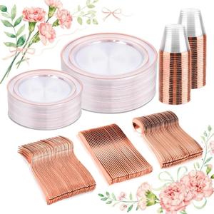 bUCLA 150PCS Clear Rose Gold Disposable Dinnerware set - Rose Gold Plastic Plates Include 25 Dinner / 25 Dessert Plates, 25 Knives, 25 Forks, 25 Spoons, 25 Cups for Party, Wedding & Mother's Day