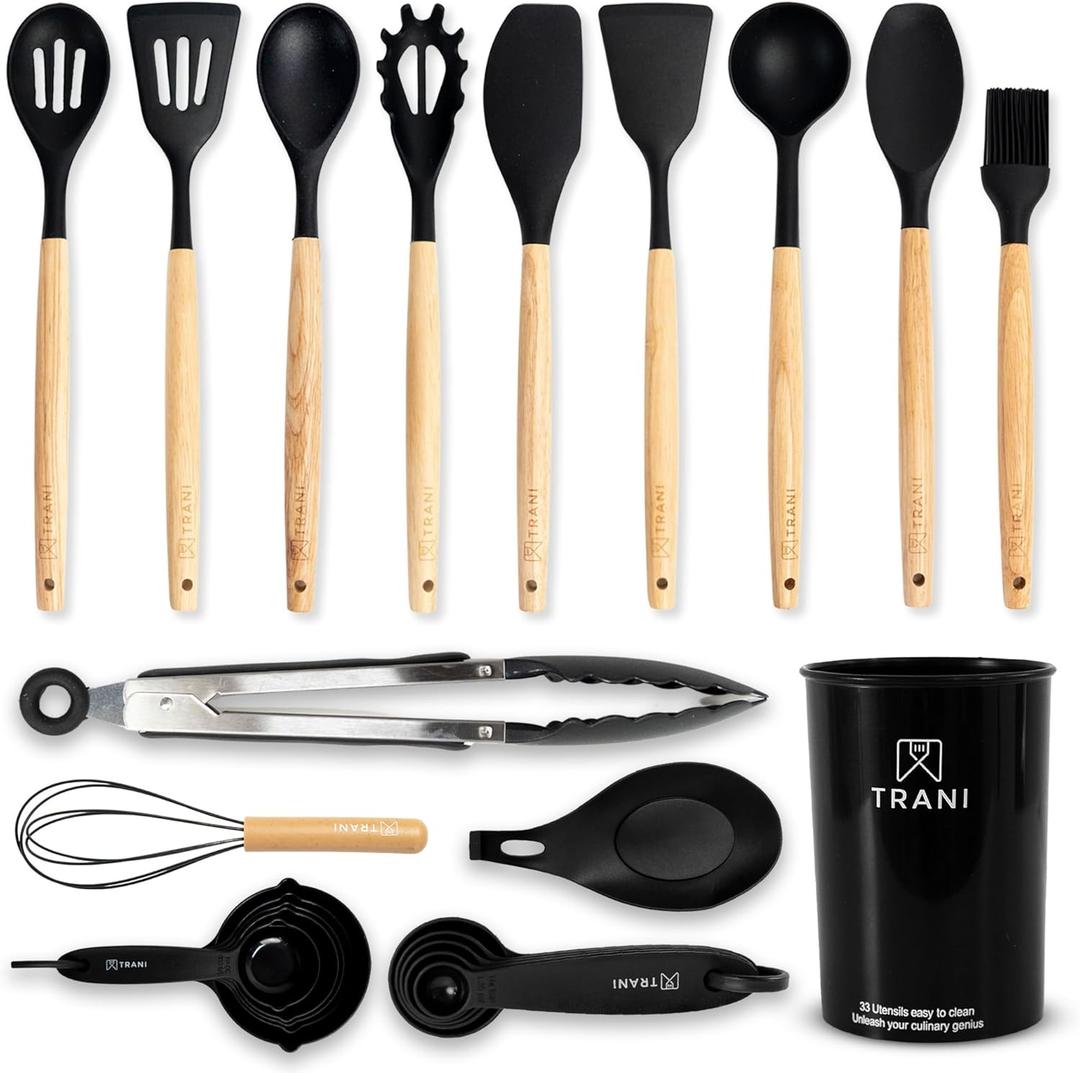 TRANI Kitchen 33- Piece Silicone Cooking Utensil Set with Holder -Compact, Heat Resistant to 446F, Non-Stick & Durable with Natural Wooden Handles, Black Spatula Set - ideal for Upgrade & Replacement