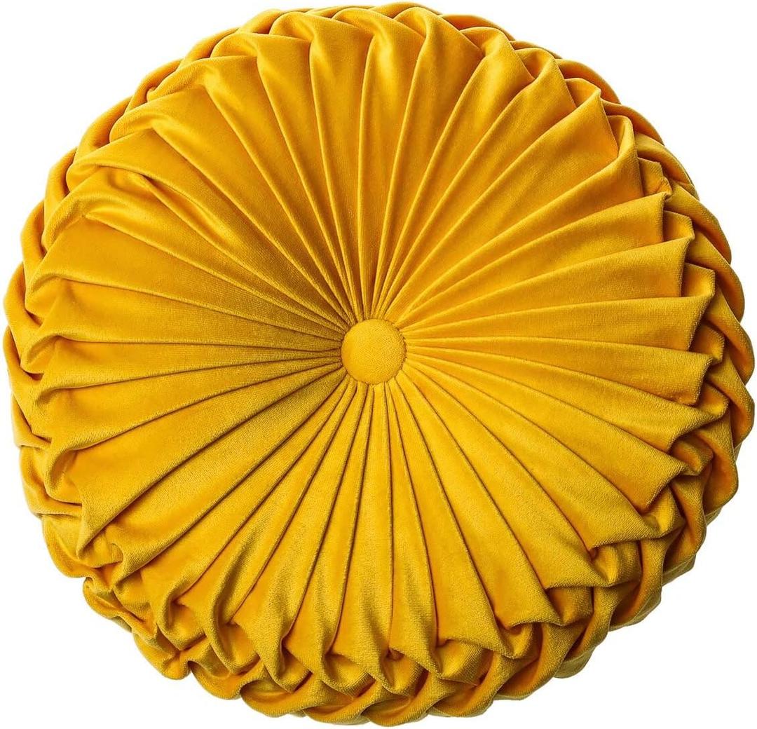HLOVME Round Velvet Pillow for Couch Small Handmade Decorative Throw Pillow for Bed Bedroom 13.7 Yellow