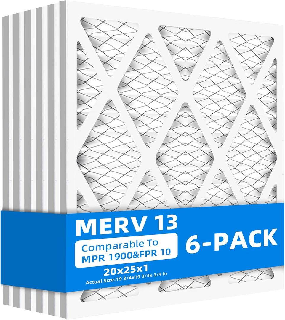 (6 Pack) 20x25x1 Furnace Air Filters, MPR 1900 & FPR 10, MERV 13 Pleated Air Filter (Actual Size: 19 3/4"x 24 3/4" x 3/4")