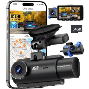 QCONTROL 4K 5G WiFi 3 Channel Dash Cam Front and Rear Inside, 4K+1080P+1080P Dash Camera for Cars, GPS Dashcam, Car Camera with 3-Inch Screen, IR Night Vision, 24Hr Parking Mode, G-Sensor, 64GB Card