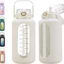 74 oz Glass Water Bolttles with Straw Large Motivational Water Bottle with Time Marker Sports Water Bottles with Silicone Sleeve and Handle Lid 2.2L Water Jug for Gym Workout (White)