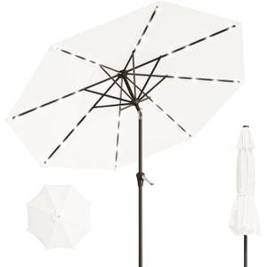 9FT Solar Umbrella 32 LED Lighted Patio Umbrella Table Market Umbrella w/Tilt and Crank Outdoor Umbrellas for Garden, Deck, Backyard, Pool and Beach, Cream-White