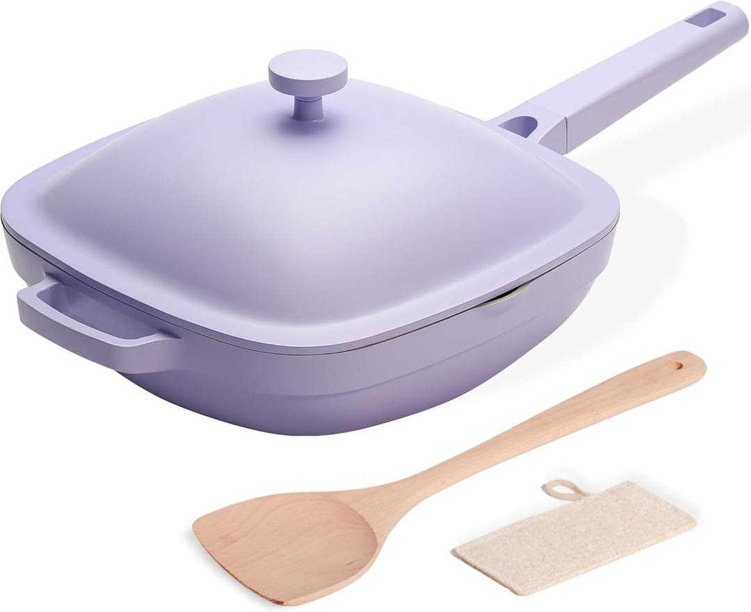 10.5 Inch(3.8QT) Ceramic Pan with Lid,Non Stick Frying Pans Cast Aluminum Deep Saut Pans,Ti-Ceramic Non Toxic Pix Pan with Wooden Spatula and Scrubber-Dusk Petal