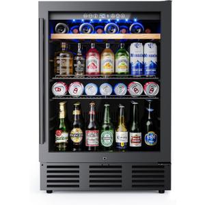 24 In Beverage Refrigerator, 112 Cans & 8 Bottles Fridge with Double-Layer Glass Door, Built-In or Freestanding and Beverage Refrigerator, Under Counter Fridge for Home/Bar/Cafe