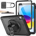 SEYMAC stock Case for iPad A16 11-inch Case 2025/ for iPad 11th/ 10th Generation 10.9'' 2022, Protective with Screen Protector, Pen Holder, Rotate Stand, Loop Nylon Hand Strap, Shoulder Strap, Black