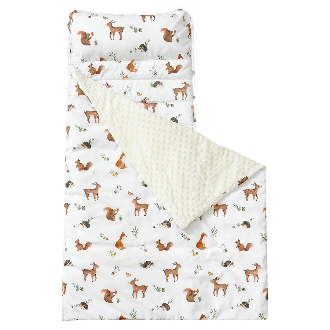 david's kids Toddler Nap Mat with Pillow and Minky Fleece Blanket, Ultra Soft Slumber Bags for Kids, Perfect for Preschool, Daycare, Kids Sleeping Bags with Rollup Design, 50"x20", Woodland Animals