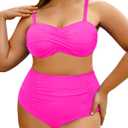 Yonique Women Plus Size High Waisted Bikini Sets Two Piece Strapless Swimsuits Tummy Control Bathing Suit Bandeau Swimwear (Anti-slip Strip - Hot Pink, 16Plus)