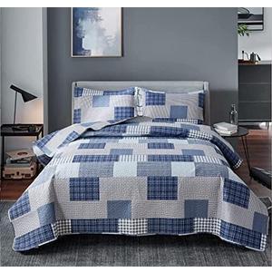 Bedspread Set King Size Plaid Quilt Bedding King Grey Blue Patchwork Modern Lightweight Quilt Bedspread Home Reversible Coverlet-Soft Polyester 3 Piece Quilt Set Collection