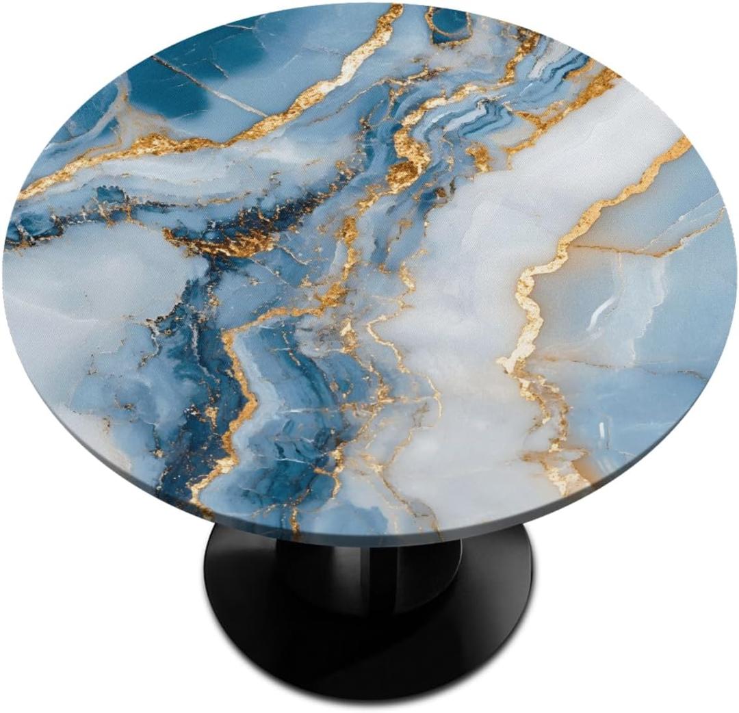 Round Fitted Tablecloth Wipeable Elastic Marble Blue Abstract Table Cover Waterproof Circle Table Cloth for Indoor Outdoor Dining Kitchen Picnic Camping Patio Decor Gifts,Fit 45-50inch Tables