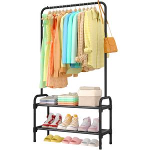 Sakugi Clothes Rack - Clothing Rack with 2-Tier Shoe Rack and Anti-Slip Stopper, Shoe Organizer for Entryway, Bedroom, or Laundry, Black, 29"  12.2"  59.3"
