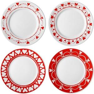 Jinei Set of 4 10 Inch Valentine's Day Ceramic Flat Plates Red White Heart Dining Serving Plates Round Dessert Salad Dish Set Gift for Valentine's Day Wedding Anniversary Party Decoration