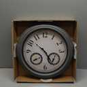 Presentime & Co 18" Indoor/Outdoor Luminous Farmhouse Wall Clock with Thermometer & Hygrometer, Weather Thermometer-Grey Oak Finish, Bright Warm Light (Grey Oak Finish)
