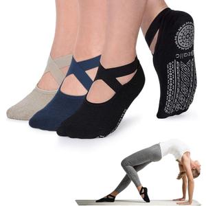 Ozaiic Pilates Socks for Women Non Slip Grip, Yoga Socks with Grippers for Barre, Hospital, Ballet, Dance, Barefoot Workout (3 Pairs - Olive Green/ Black/ Navy)