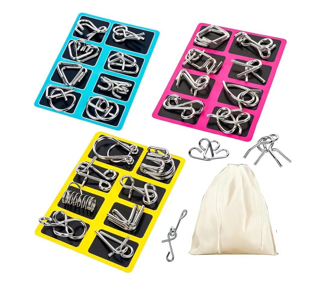 Metal Wire Puzzle Set of 24 with Pouch,Brain Teaser IQ Test Disentanglemen Iron Link Unlock Interlock Game Chinese Ring Magic Trick Toy for Party Favor Kids Adults Challenge