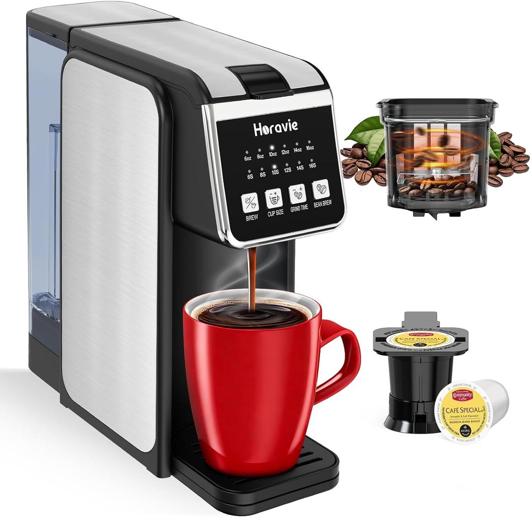 Horavie Single Serve Coffee Maker with Built-in Grinder, Fast Brew 6-16oz Single Cup for Whole Beans, Grounds, K-Cup, Grind and Brew Coffee Maker with 47oz Water Tank, Descaling Alert, Black