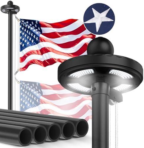Lezbanz Heavy Duty Flag Pole Kit with 128 LED Solar Light, 7FT 12 Gauge Hardware Flagpole for Outside House in Ground, 3x5 USA Flag for Residential Commercial Outdoor, Extra Thick Flag Poles, Black(No Flags)