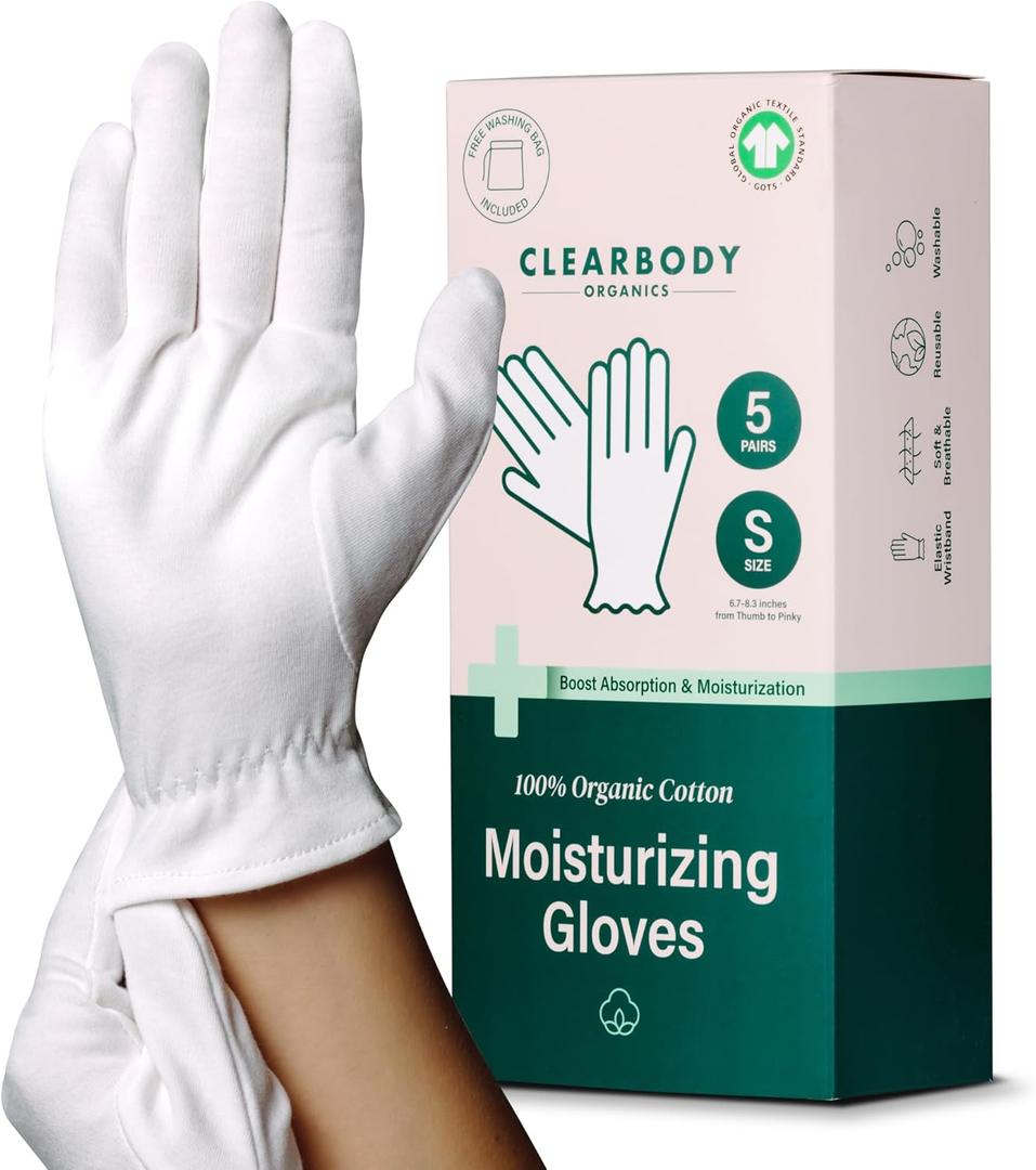 Clearbody Organics Guantes pequeos blancos 100% algodn orgnico  5 pares (10 piezas) para manos secas y agrietadas, reparacin hidratante reutilizable  Guantes blancos