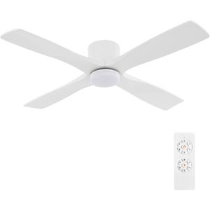 WINGBO 54 Inch Flush Mount DC Ceiling Fan with Lights and Remote, 4 Reversible Carved Wood Blades, 6-Speed Noiseless DC Motor, Hugger Ceiling Fan in Gloss White with White Blades
